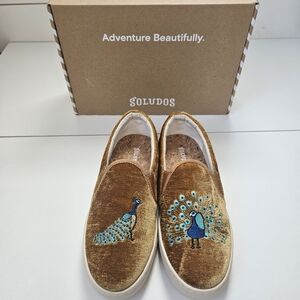 Soludos Brown Velvet Peacock Embroidered Sneakers